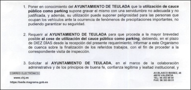 Requerimiento de cierrre de la Confedreación Hidrográfica del Júcar del Aparcamiento Portet