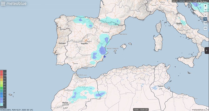 La previsión del día 20 de enero en meteoblue.com muestra previsión de nieve en la comarca de la Marina Alta
