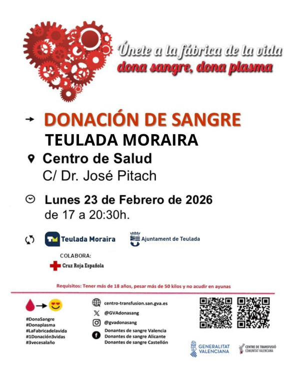 Teulada Moraira acogerá una nueva jornada de donación de sangre el 23 de febrero en el Centro de Salud