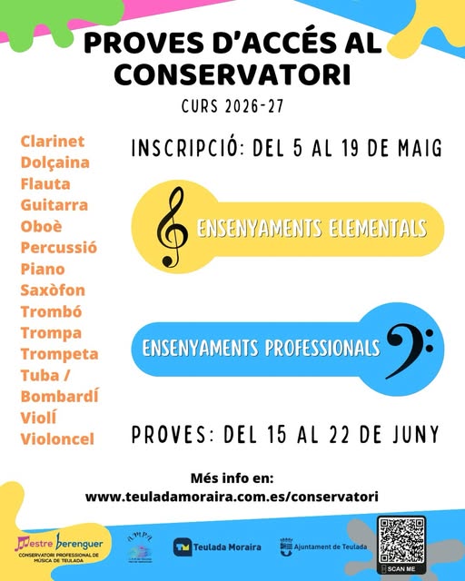 El Conservatorio Mestre Berenguer de Teulada abre las inscripciones para las pruebas de acceso del curso 2026-2027