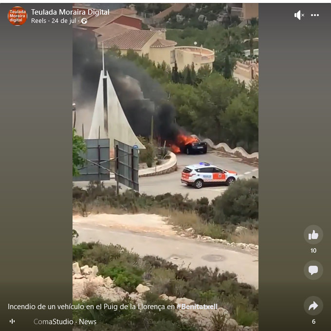 Video incendio vehículo en Cumbre del Sol en Benitatxell