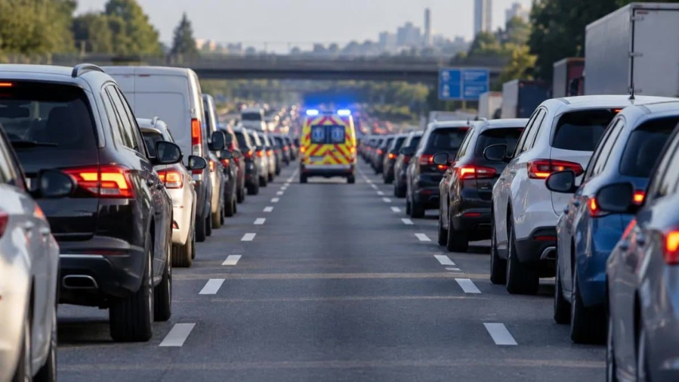 Una retenci&oacute;n en autopista con un veh&iacute;culo de emergencias avanzando entre el tr&aacute;fico.