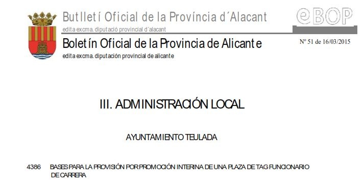BASES PARA LA PROVISIÓN POR PROMOCIÓN INTERNA DE UNA PLAZA DE TAG FUNCIONARIO DE CARRERA EN EL AYUNTAMIENTO DE TEULADA