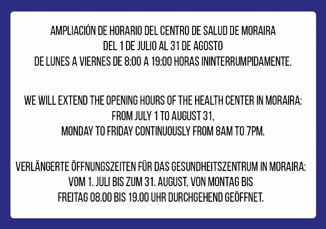 Horario Centro Salud Moraira en verano